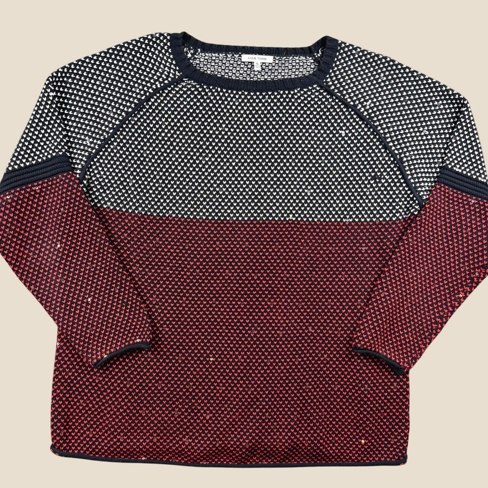Lisa Todd Sweater Women XL Colorblock Sequin Cotton Cashmere Blend Knit‎ Raglan